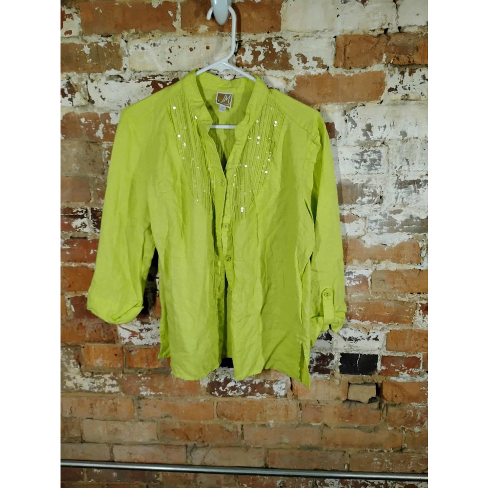 JM Collection 100% Linen Petite Sz 12P Women Blouse Shirt Button Down Lime Green